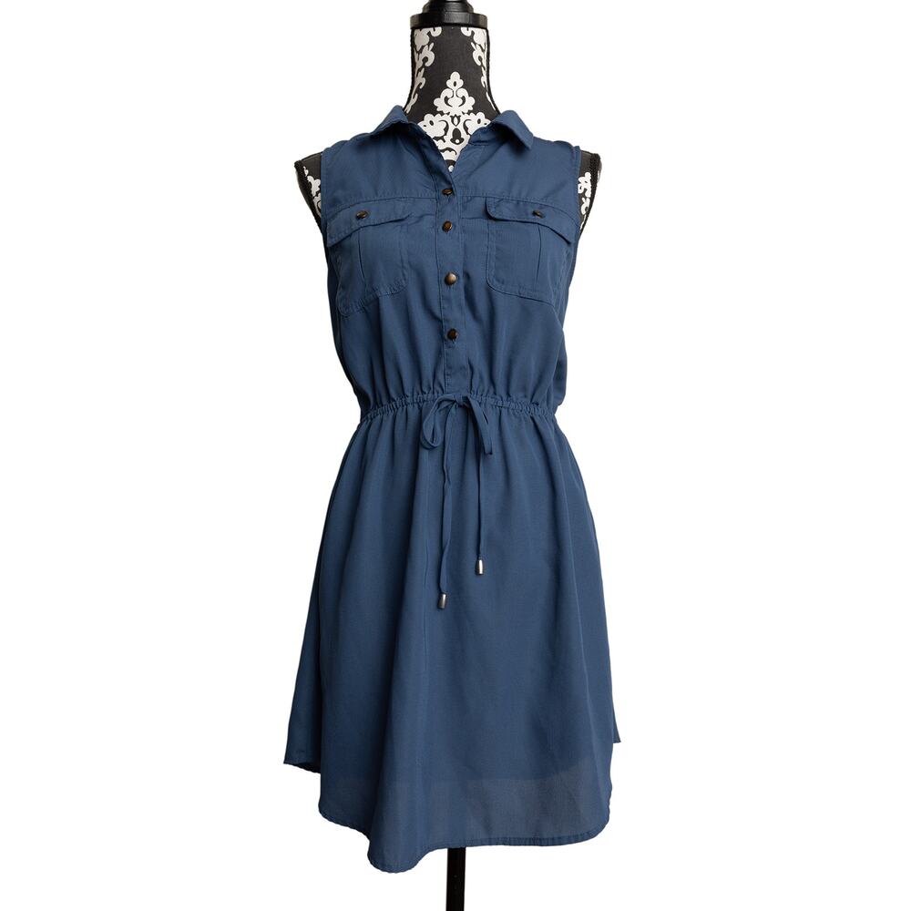 Preppy Blue Sleeveless Lightweight Sheath Sleeveless Utility Shirt Dress - L